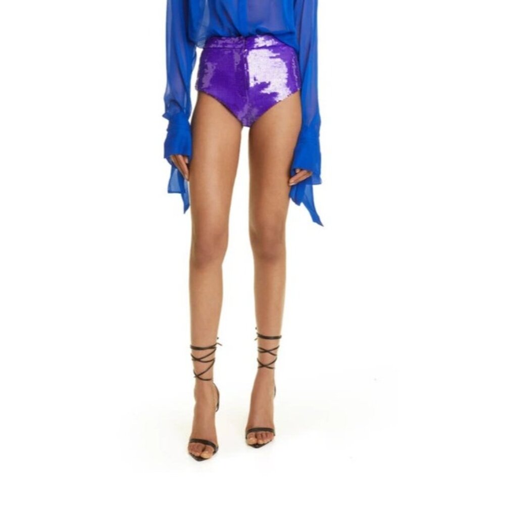 NWT $1295 LAQUAN SMITH PURPLE SEQUIN HIGH RISE HOT SHORTS US SZ MEDIUM SOLD OUT!